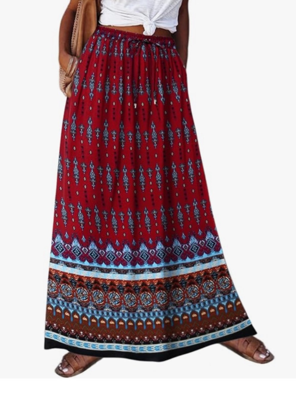 NWOT Zeagoo Red Floral Boho Drawstring Waist Maxi Skirt XL